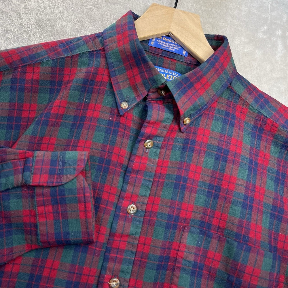 Sir Pendleton Wool Shirt Mens M Red Green Tartan Plaid Button Down Vintage